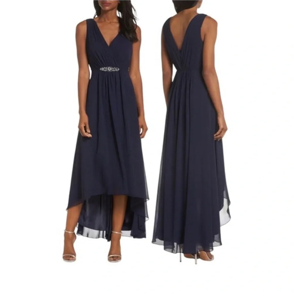 Eliza J Embellished High/Low Chiffon Dress In Navy Blue NWOT - Picture 1 of 9
